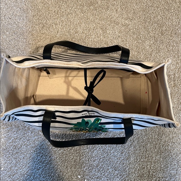 Kate Spade by the pool Black and Cream Striped Tote with jeweled pineapple - Picture 2 of 4